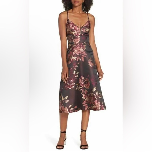Eliza J Women’s Brown Floral Metallic Jacquard Fit Flare Cocktail Midi Dress 14 - Picture 1 of 10